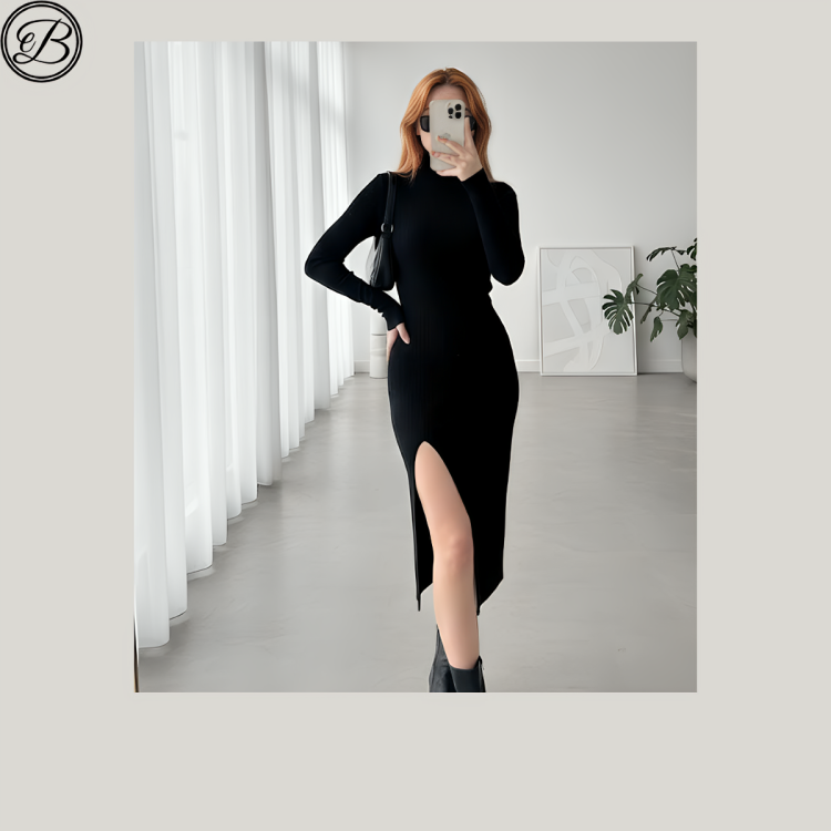 Black Ribbed High-Slit Bodycon Dress