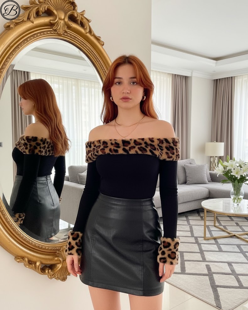 Top Bardot Noir Léopard