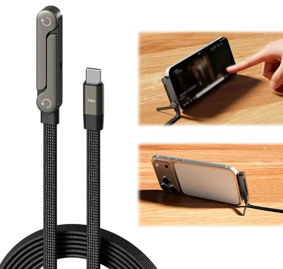 Câble de charge rapide USB-C vers USB-C 240W avec support pliable intégré