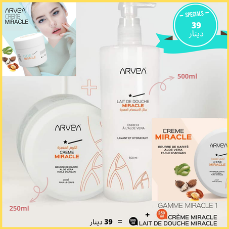 Pack miracle Arvea : crème miracle 250ml + lait de douche miracle 500ml