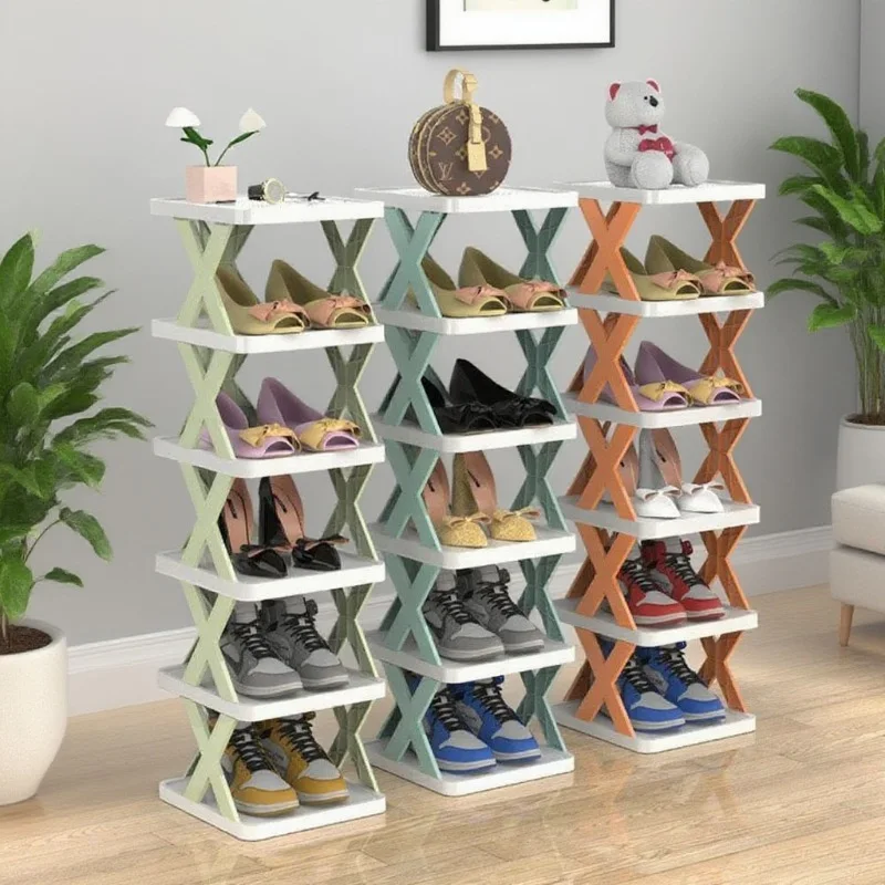 Étagère à chaussures à 5 niveaux, assemblage simple (Couleurs : Orange / Bleu)