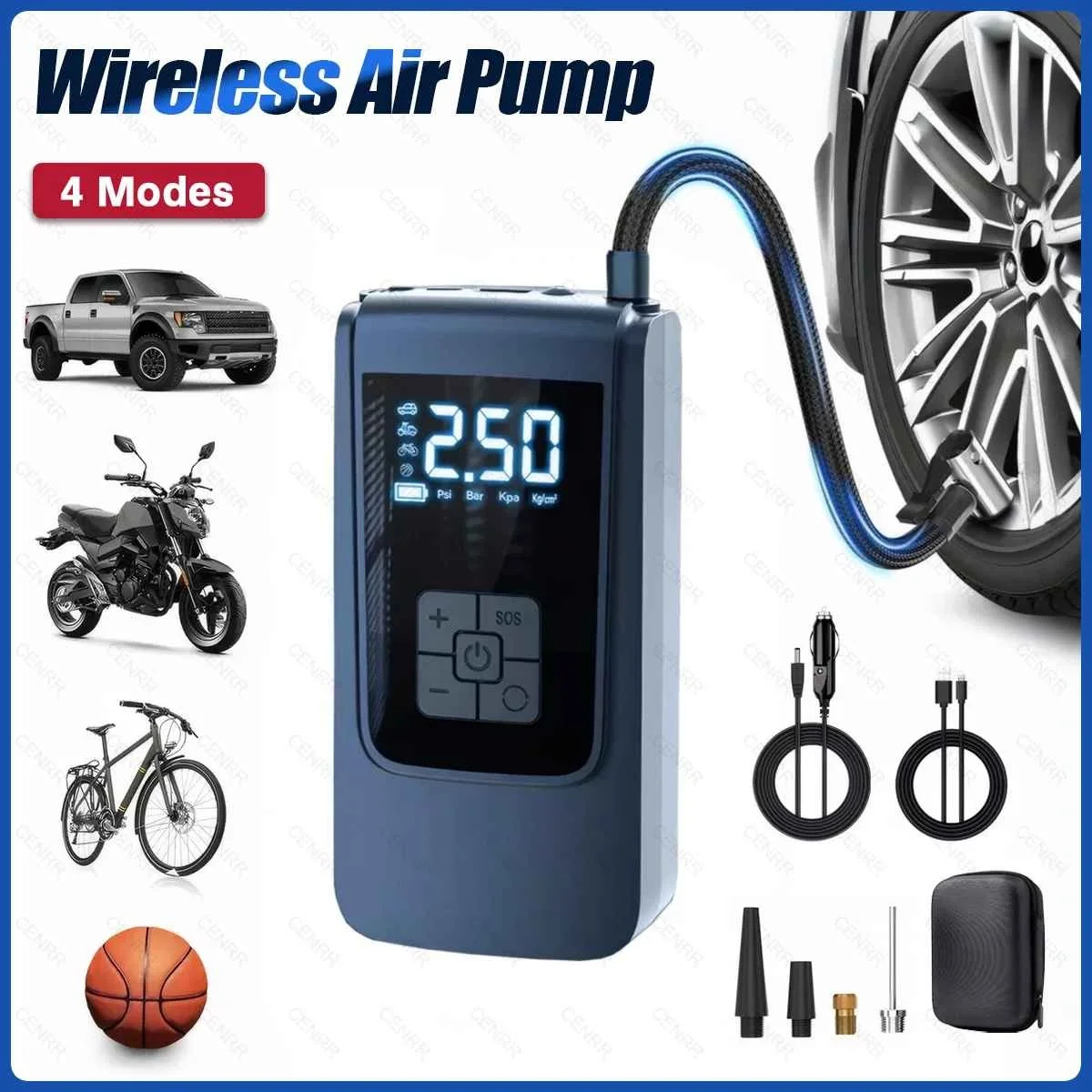 Gonfleur d'air portable de pneus avec manomètre 150PSI, écran LED Flash, rechargeable