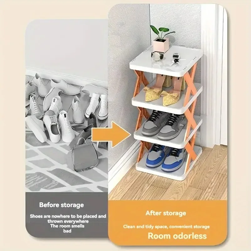 Étagère à chaussures à 5 niveaux, assemblage simple (Couleurs : Orange / Bleu)