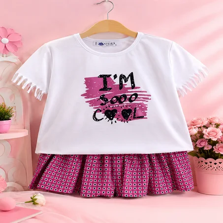 طقم بناتي صيفي أنيق بتصميم عصري – أبيض ووردي 🌸
