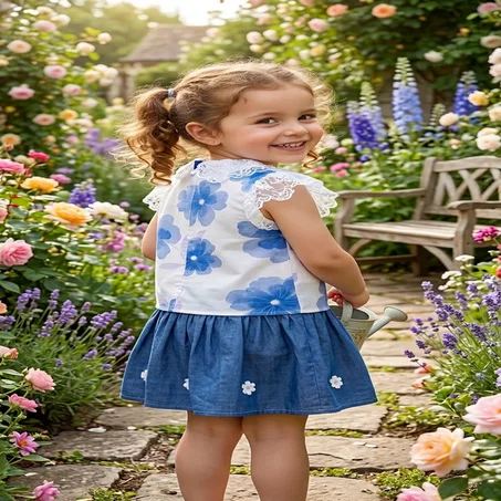 طقم بناتي أنيق باللون الأزرق مع ورود وزخارف دانتيل 🌸💙