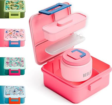 بيولا صندوق غداء للاطفال مع برطمان طعام داخلي، صندوق غداء بينتو متعدد الاقسام مع ثيرموس طعام 240 مل وعبوة ثلج