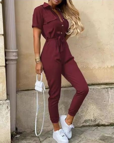 Short-sleeve belted jumpsuit for women