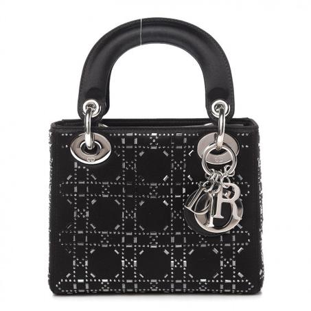 CHRISTIAN DIOR SATIN CRYSTAL CANNAGE MINI LADY DIOR BLACK