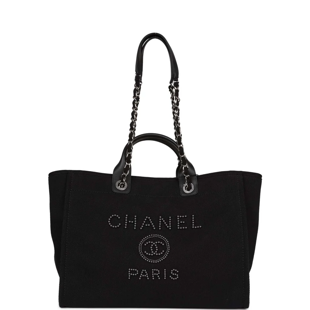 CHANEL LARGE DEAUVILLE SHOPPING BAG IMITATION PEARL AND BLACK CANVAS SILVER HARDWARE