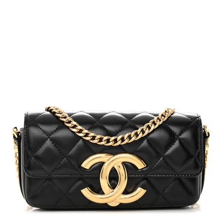CHANEL SHINY CALFSKIN QUILTED FLAP PHONE HOLDER WITH CHAIN BLACK