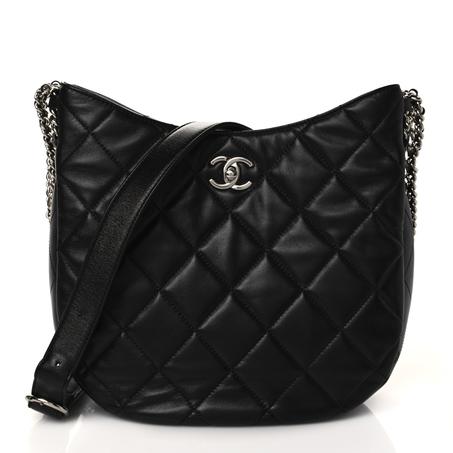 CHANEL LAMBSKIN CHAIN ROWS QUILTED CHAIN HOBO BLACK
