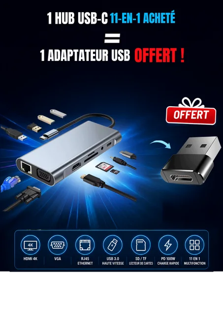 🚀 Connectez tout. Travaillez mieux. — Hub USB-C 11-en-1 + Adaptateur USB OFFERT Garantie 1MOIS🎁 (Livraison 1000f à Abidjan)