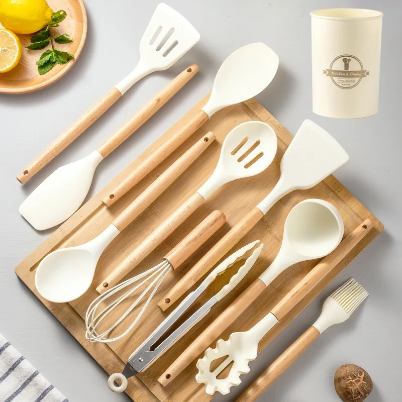 Ensemble d’Ustensiles de Cuisine 12 Pièces – Qualité Premium en Silicone & Bois Naturel