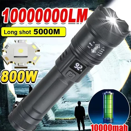 مصباح يدوي LED قوي وعالي الإضاءة بقوة 2000 لومن، كشاف تكتيكي مزوّد بشاشة عرض، قابل للشحن عبر USB، مناسب للتخييم والصيد وحالات الطوارئ، مع خاصية التكبير (Zoom).