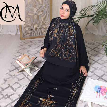 "Abaya Noire Traditionnelle avec Tapis de Prière – Élégance et Artisanat Égyptien"