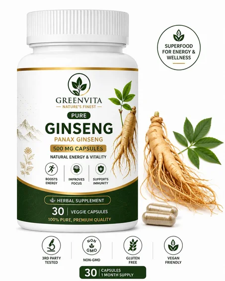 Panax Ginseng 500 mg – 30 Gélules | Énergie, Concentration & Vitalité ⚡