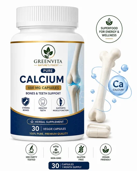 Calcium 600 mg – 30 Gélules | Os Solides, Dents Saines & Fonction Musculaire 💙