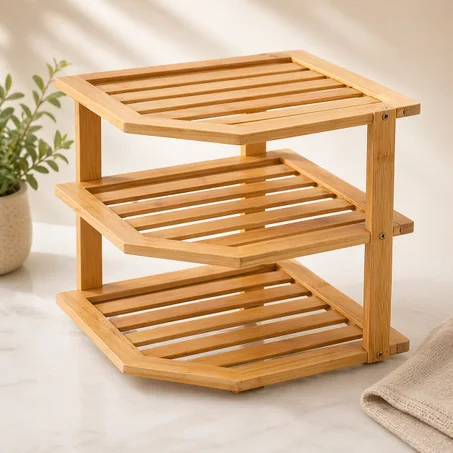 رف زاوية خشبي ثلاثي الطبقات