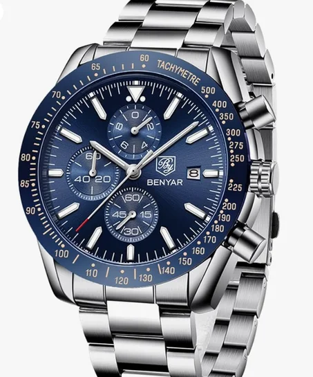 ساعة يد انالوج بعقارب كوارتز كرونوغراف للرجال من بي واي بينيار مقاومة للماء بتصميم مضيء، ساعات معصم للرجال للعمل والرياضة، ساعة رسمية كاجوال، هدايا انيقة للرجال