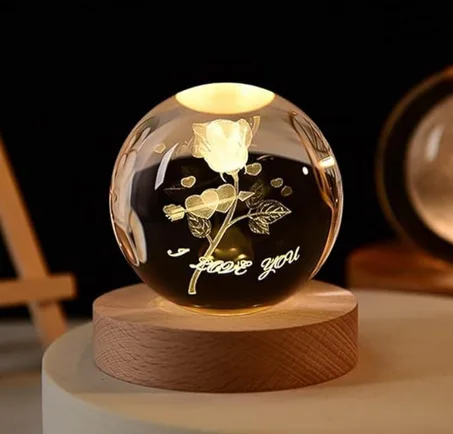 كرة كريستال على شكل وردة ثلاثية الابعاد للاطفال، زجاجية باضاءة ليلية مع قاعدة خشبية، ديكور خيالي، هدية كريستالية LED، عيد ميلاد (زهرة وردية)