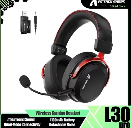 سماعة ألعاب لاسلكية ATTACK SHARK L30Pro، صوت محيطي 7.1، أوضاع EQ، مشغلات صوت 50 ملم، 3 أوضاع اتصال، بطارية 1100 مللي أمبير
