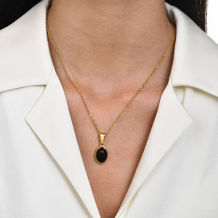 Gold Necklace with Black Onyx Oval Pendant