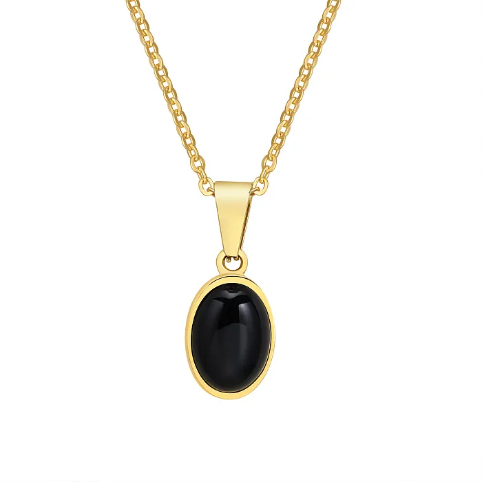 Gold Necklace with Black Onyx Oval Pendant