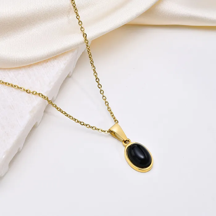 Gold Necklace with Black Onyx Oval Pendant