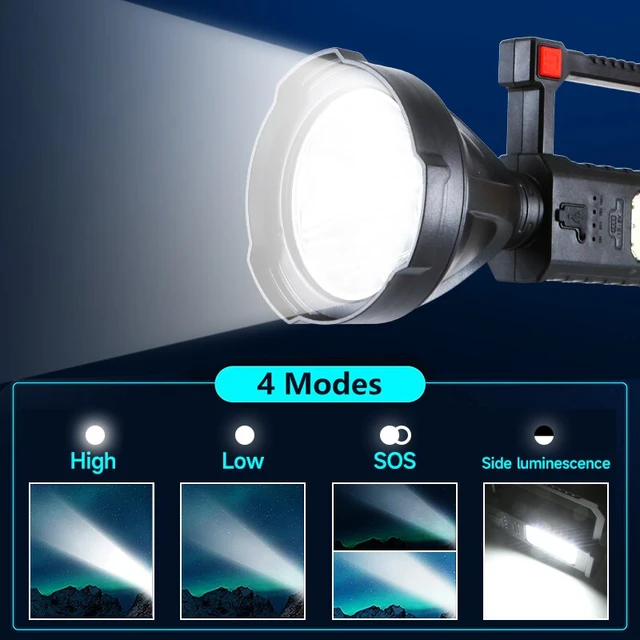 مصباح كشاف قابل لإعادة الشحن ، مصباح يدوي تكتيكي LED فائق السطوع 90000 لومن عالي ، 4 أوضاع IPX5 مصباح كشاف كبير مقاوم للماء للتخييم والصيد مع مخرج USB وحامل ثلاثي القوائم قابل للطي
