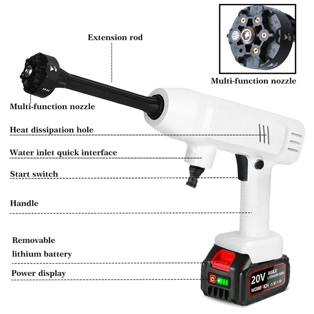 مضخة غسيل الضغط العالي اللاسلكية مع فوهة 6 في 1، مسدس رش الماء اللاسلكي القابل لإعادة الشحن للسيارة