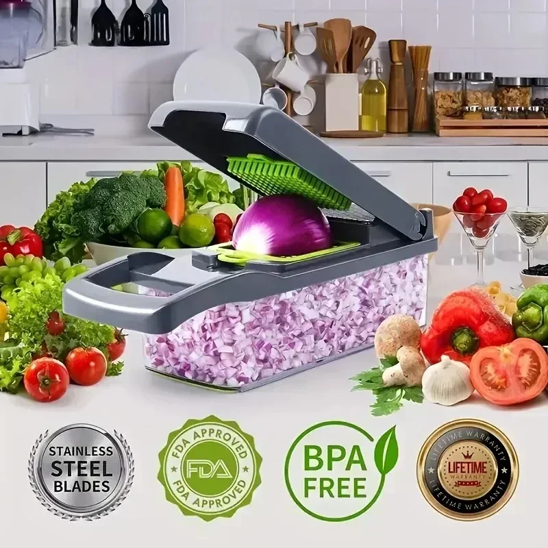 آلة تقطيع 🔪 الخضروات 🥕🍅🧅 والفواكه المتعددة الوظائف 14/16 في 1، مع مقبض وشبكة الطعام
