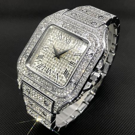 Montres à quartz de luxe élégantes et glacées, entièrement en diamants simulés