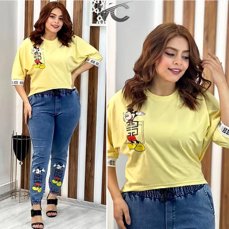 طقم نسائي بلوزة over size مع سروال جينز ليكرا