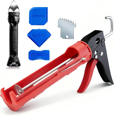 Kit de pistola de calafateo, pistola de calafateo sin goteo con 3 herramientas de calafateo de silicona y herramienta removedora de calafateo 3 en 1, relación de empuje 15:1, herramienta de c