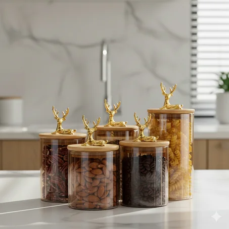 طقم علب تخزين شفافة بغطاء خشبي وديكور ذهبي