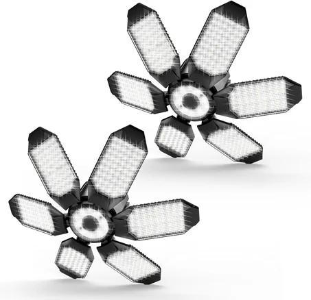 Luces LED de garaje, paquete de 2, súper brillantes, de 32000 lm, luces LED de techo, 6500 K de iluminación, base con tornillo E26/E27, con 6 paneles deformables ajustables para taller