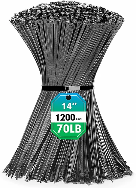 1200 bridas negras de 14 pulgadas, bridas de plástico resistentes con resistencia a la tracción de 70 libras, cintas de nailon negro autobloqueantes para interiores y exteriores