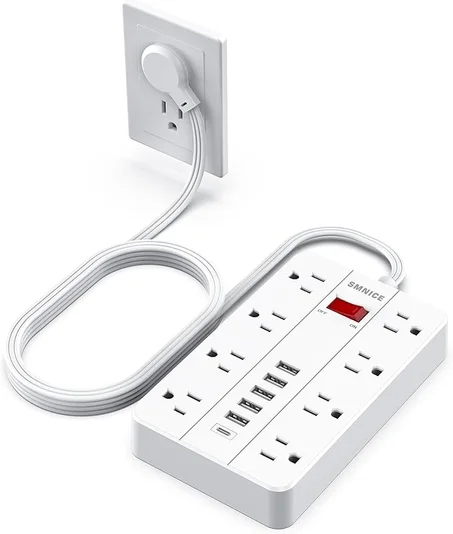 Regleta de Energía con USB, Protector contra Sobretensiones con Enchufe Plano con 8 Tomas Ampliamente Espaciadas y 6 Puertos USB (1 USB C), Cable de Extensión de 5 pies, Montable en Pared, pa