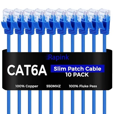 Rapink Cables de conexión Cat6a 1 pie (paquete de 10) delgados, Cable de conexión Ethernet Cat6a con soporte de 10G, Cable de conexión Cat 6 sin enganches para panel de conexiones a switch, C