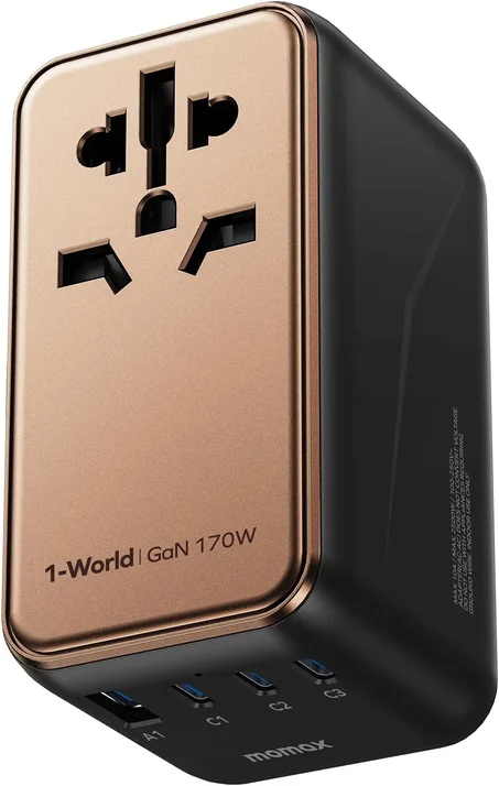 MOMAX Adaptador de Viaje Universal, Adaptador de Potencia Internacional GaN de 170W, 3 USB-C 1 USB-A, Adaptador de Enchufe de Viaje Mundial, Adaptador de Potencia Internacional para la Mayorí