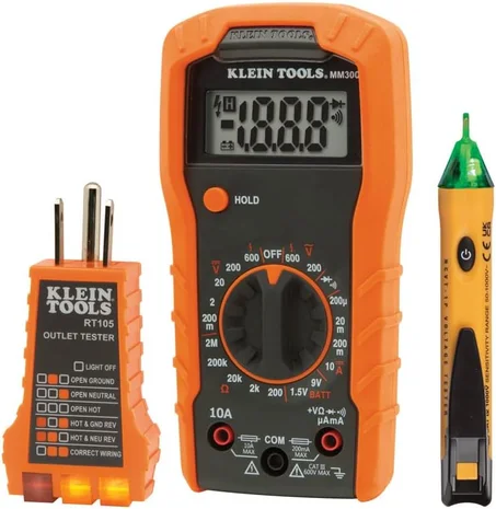 Klein Tools 69149P Kit de prueba eléctrica con multímetro digital, probador de voltaje sin contacto y probador de toma de corriente, cables y baterías