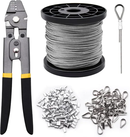 Kit de herramientas de engarzado de cable de alambre de 328 pies, cable de cuerda de alambre de acero inoxidable de 1/16" con manguitos de engarzado de aluminio y guardacabos de acero inoxida