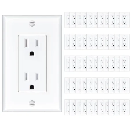 Amico Paquete de 50 tomacorrientes de pared, tomacorrientes de 15 amperios, certificación UL, toma eléctrica estándar resistente a manipulaciones, receptáculo decorativo con placa de pared, a