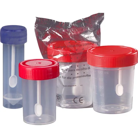 Pots pour coprologie avec spatule 30 à 150 ml, en polypropylène