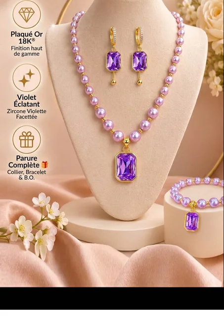 PERLES VIOLETTES & PENDENTIF ZIRCONE – PLAQUÉ OR 18K®