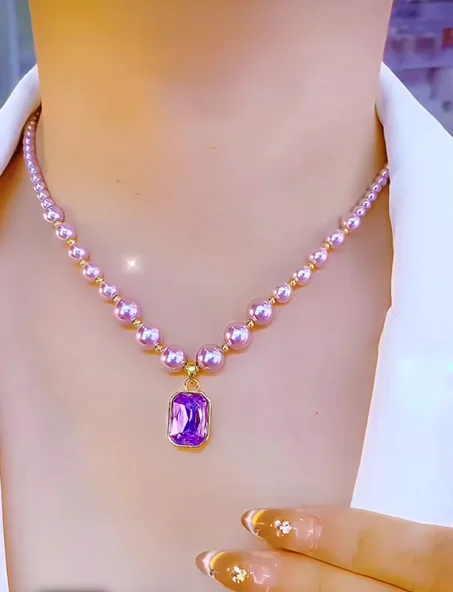 PERLES VIOLETTES & PENDENTIF ZIRCONE – PLAQUÉ OR 18K®