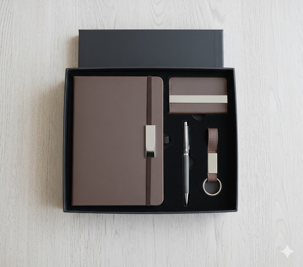 Coffret 4 pièces : Blocnote + Stylo + porte  cartes + porte clés M5724