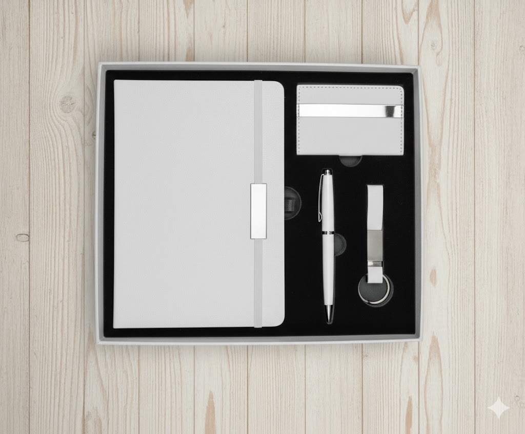 Coffret 4 pièces : Blocnote + Stylo + porte  cartes + porte clés M5724