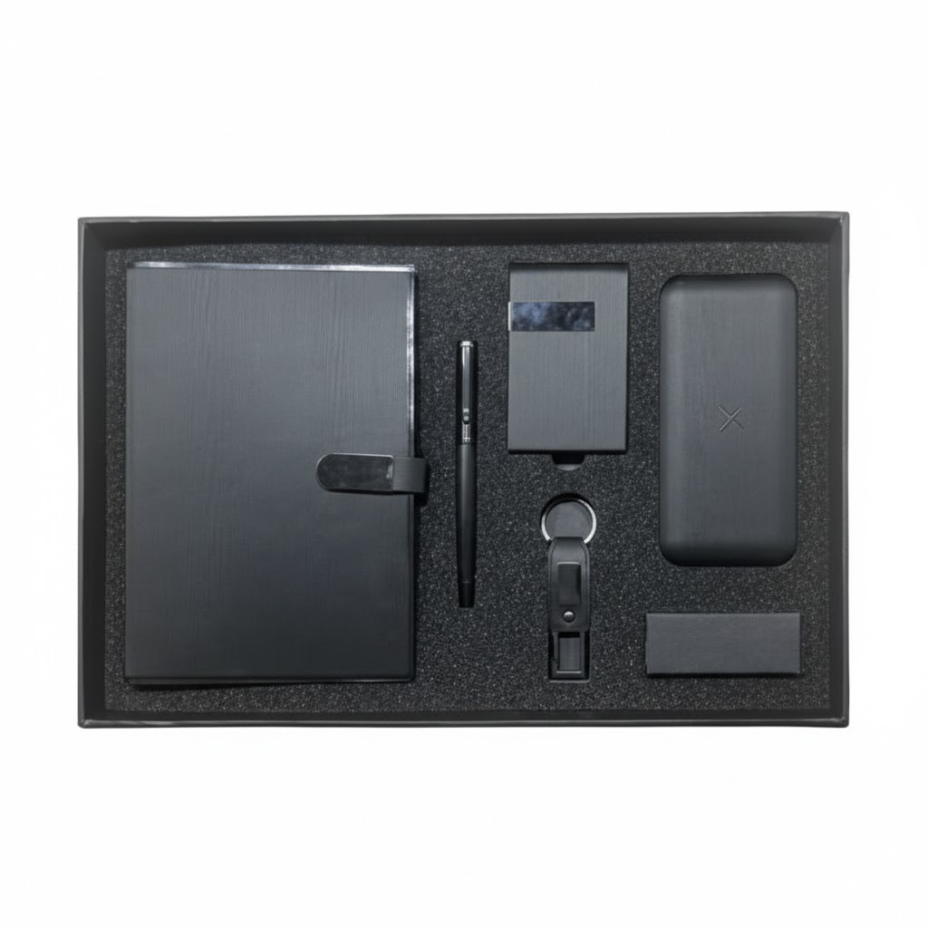 COFFRET VIP NOTEBOOK A5 + CLE USB + PORTE  CARTE + PORTE CLES + STYLO + POWERBANK N002