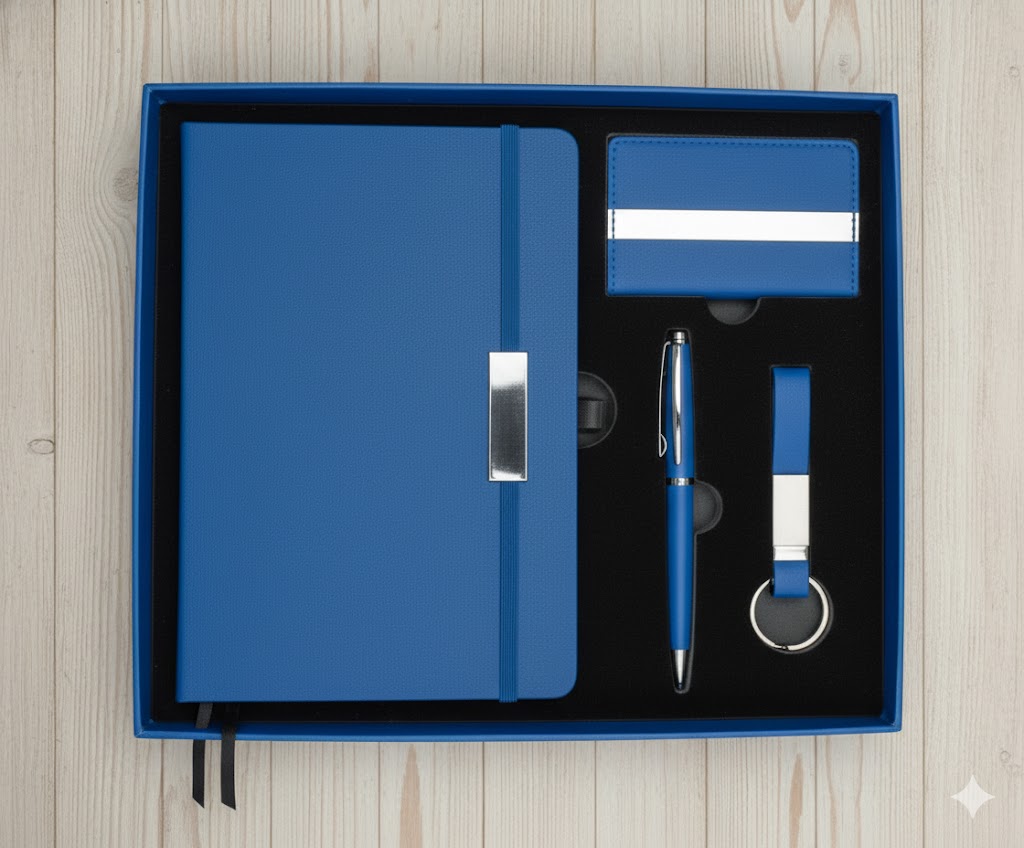 Coffret 4 pièces : Blocnote + Stylo + porte  cartes + porte clés M5724